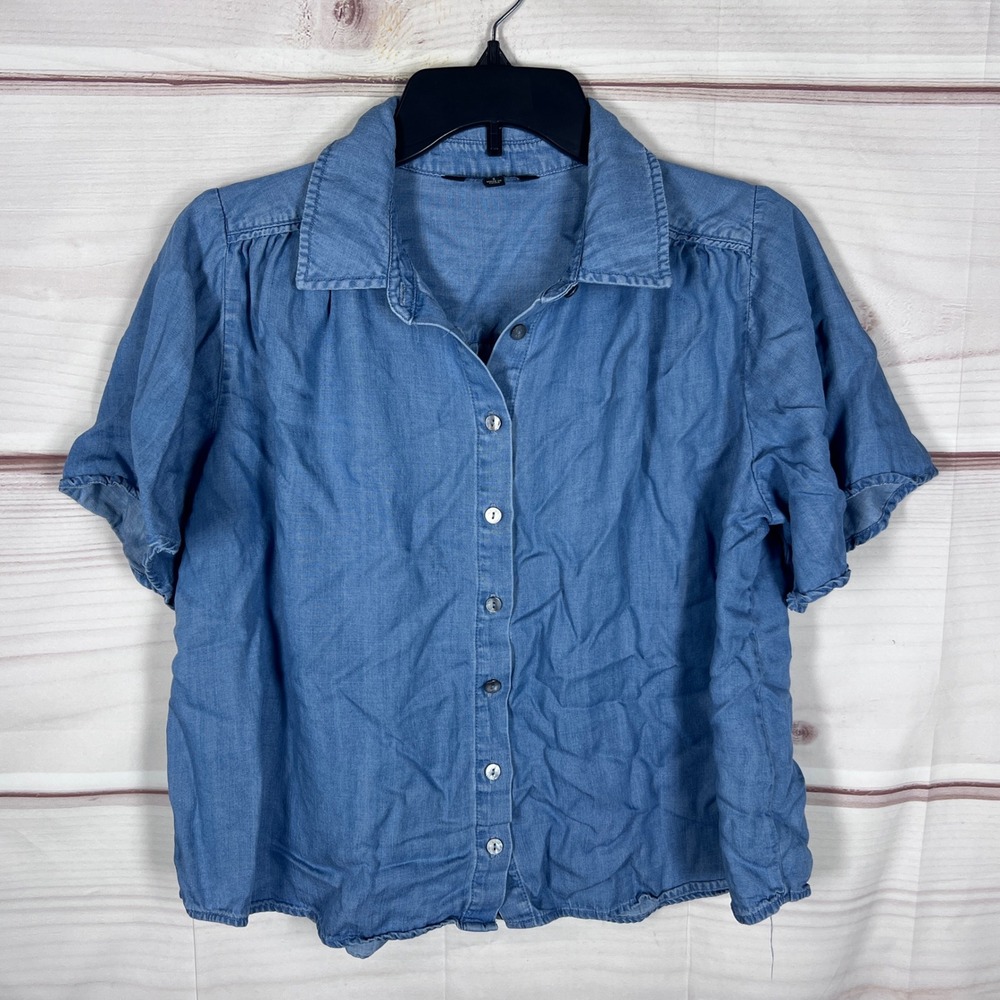 Liverpool Shirt Women Small Blue Chambray Flutter Sleeve Button Up Casual Top